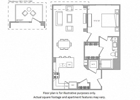 Floor plan for 1 bed, 1 bath, 758 sqft